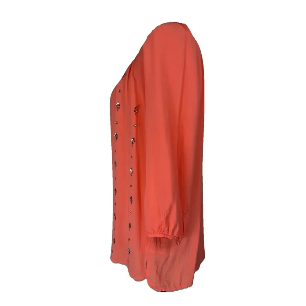 JCP Women’s Top Tunic L Coral Rhinestones 3/4 Sleeves Lightweight Flowy Beach - Picture 7 of 13